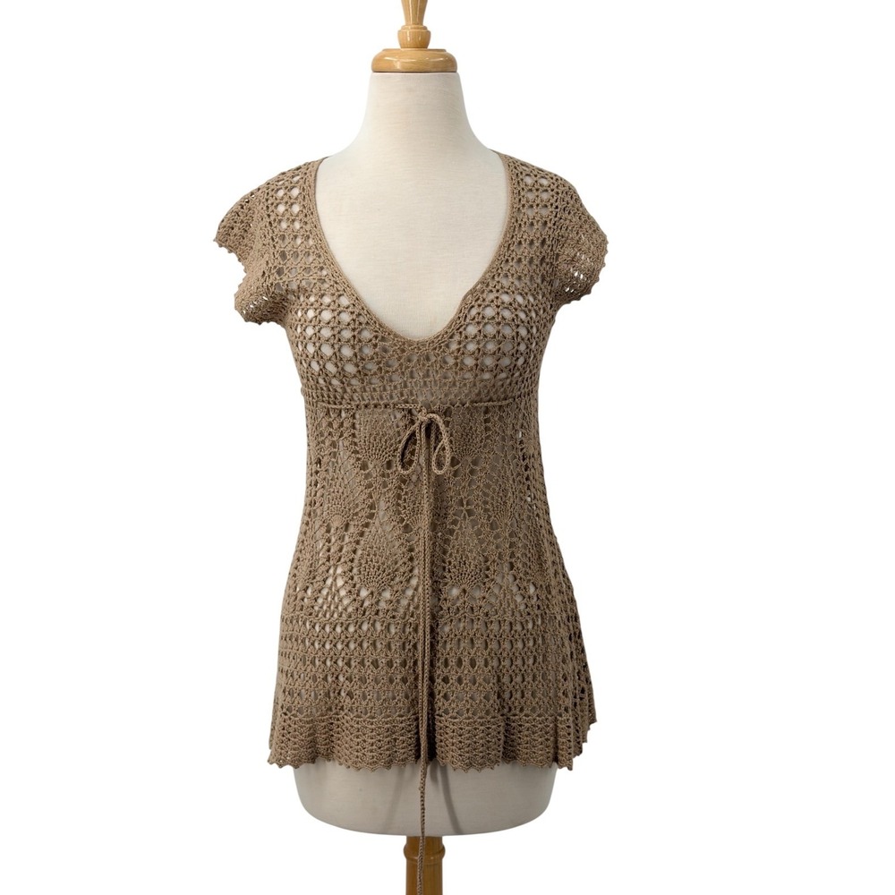 Hazel Crochet Knit Taupe Tunic Top Boho V-Neck Cap Sleeve Empire Waist Small